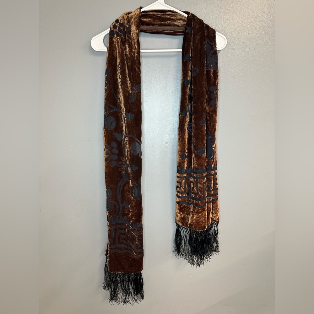 ZazouLuxe Brown and Black Patterned silk Scarf with Fringe